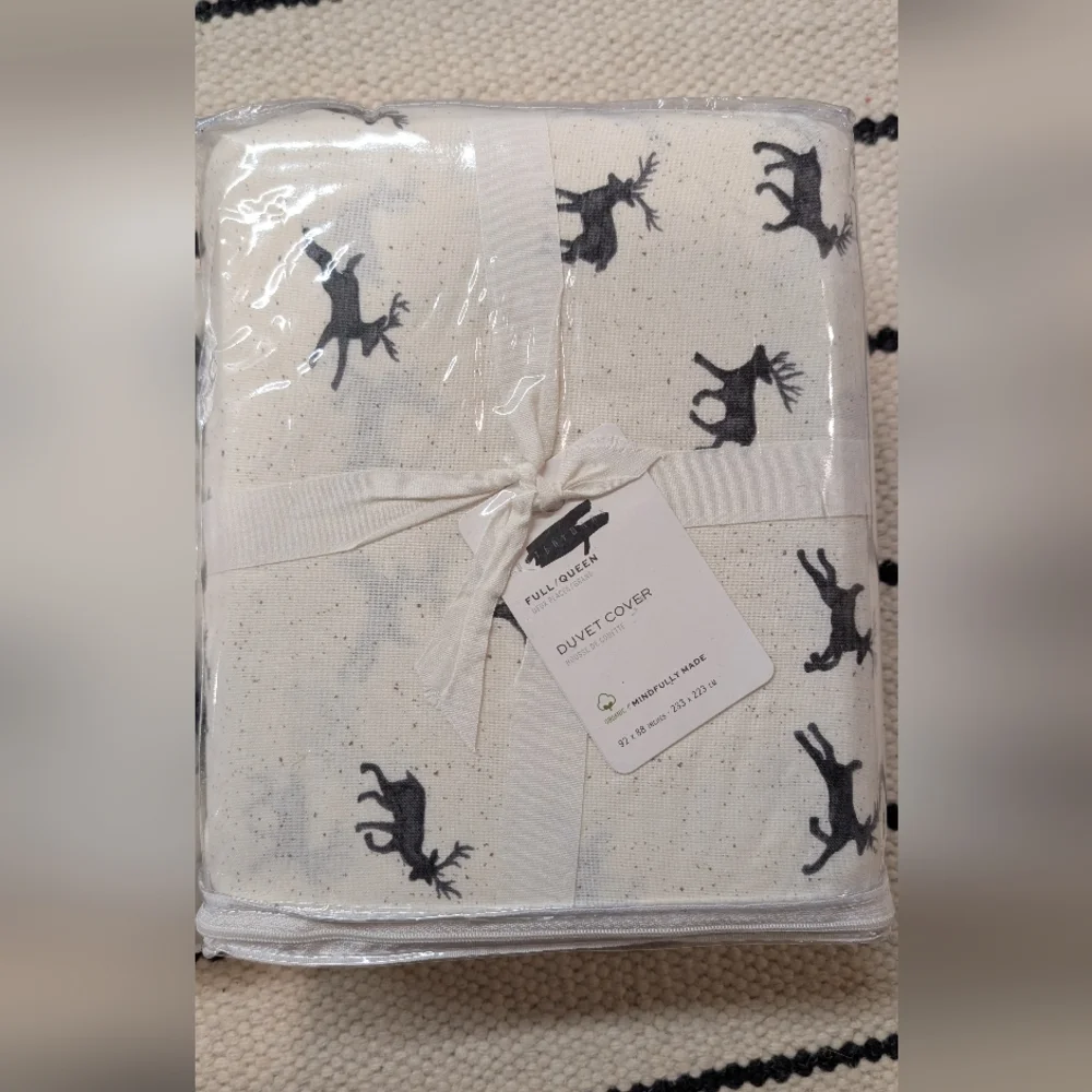 NWT Pottery Barn Rustic Reindeer Flannel Organic Cotton Duvet Cover Full/Queen